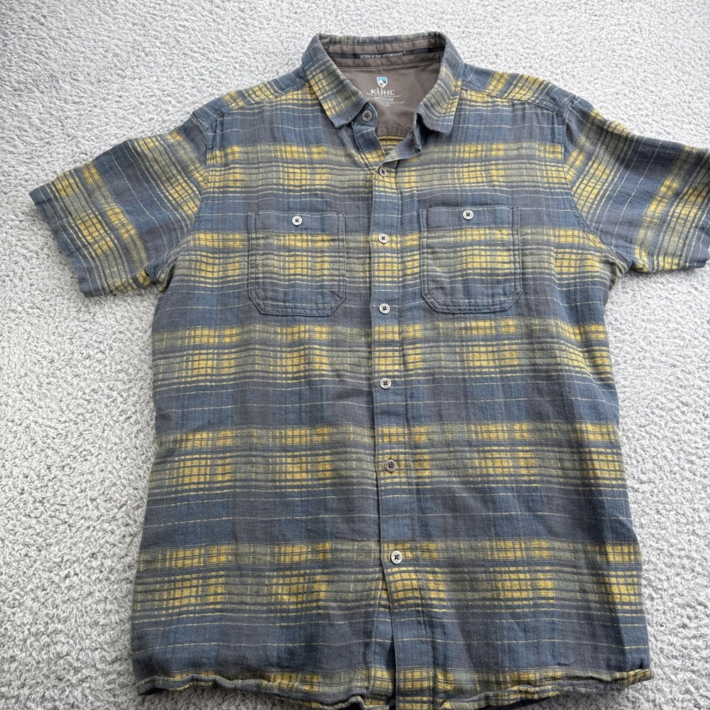 Kuhl Shirt Mens Medium Short Sleeve Blue Yellow Plaid Button Up S/S Hiking